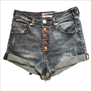 One Teaspoon Harlets High Rise Fitted Twisted Cuff Hem Medium Wash Denim Shorts